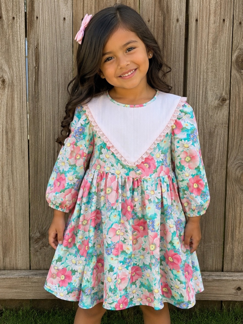 Vintage Handmade Floral Bibbed 3/4 Sleeved Babydoll Dress Sz. 5/6 Years